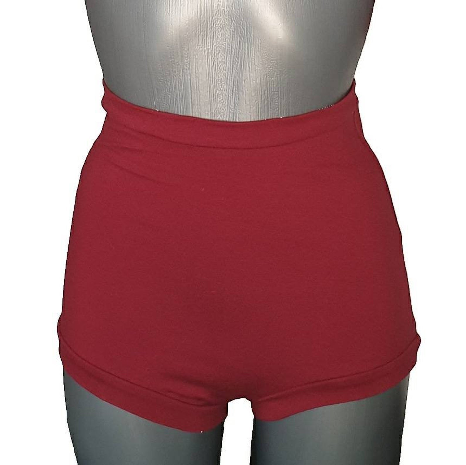 Fly and Fit high-waisted red cotton movement shorts with a vintage cut, designed for aerial and pole fitness.