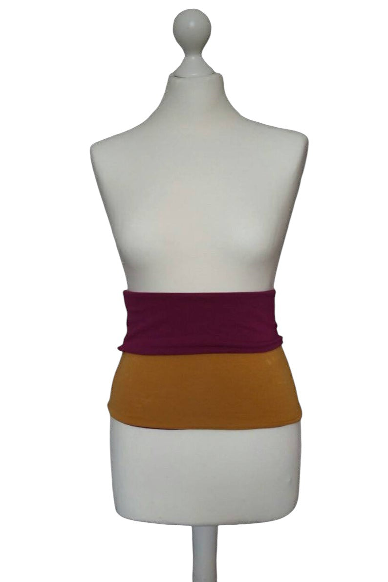 Fly and Fit reversible bordeaux and mustard cotton jersey haramaki core warmer on a mannequin