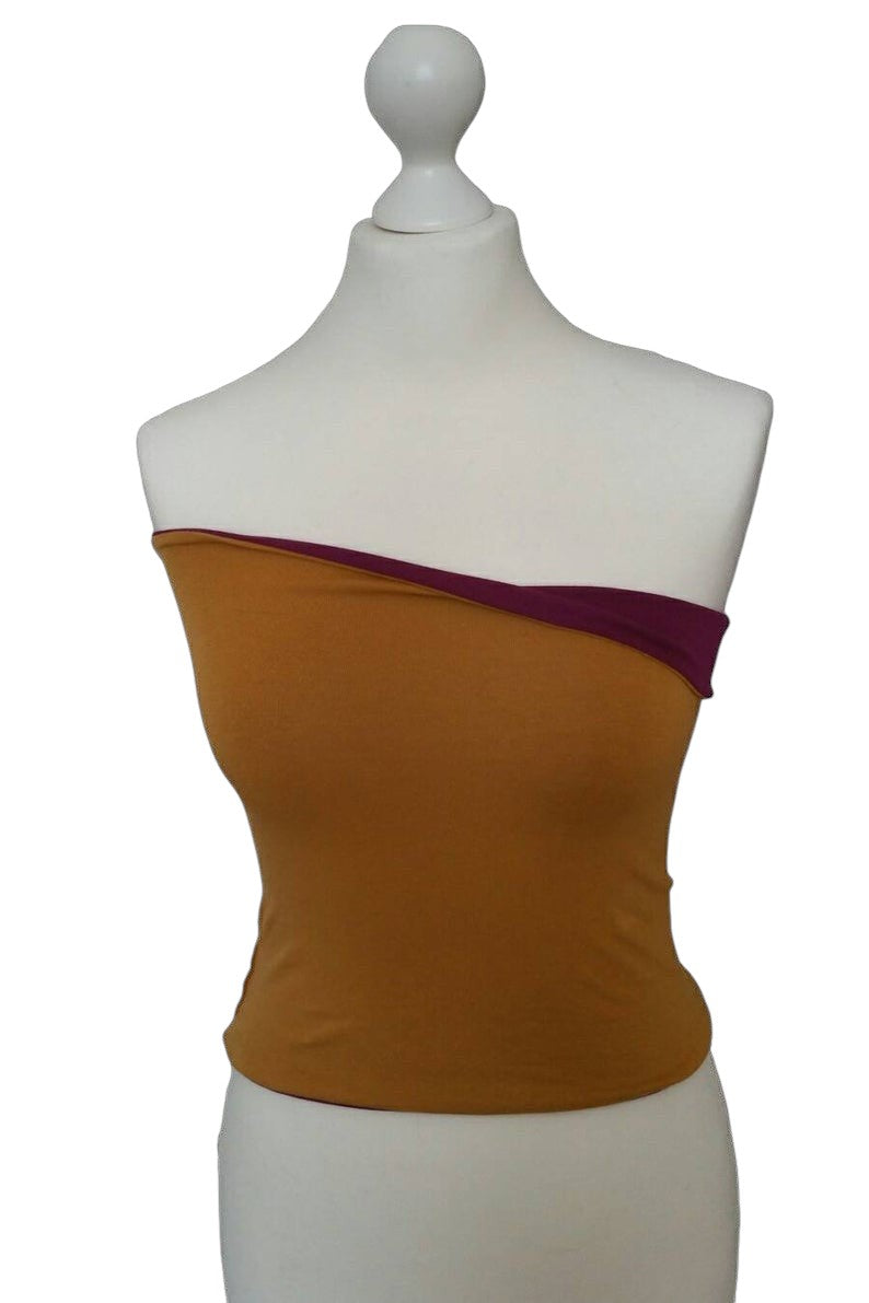 Fly and Fit reversible bordeaux and mustard cotton jersey core warmer on a mannequin for aerial and active training