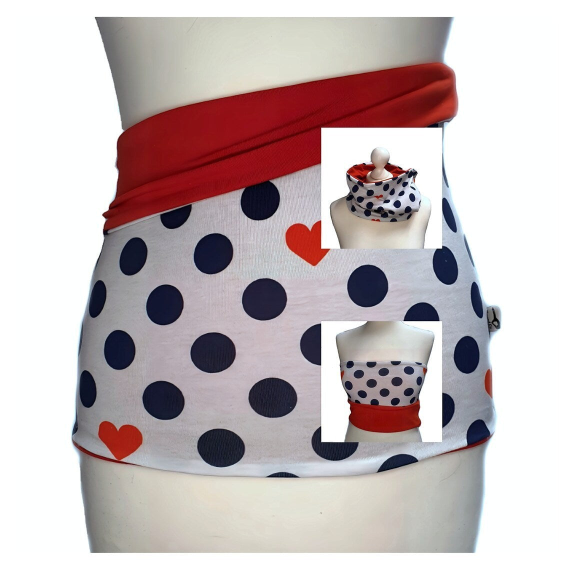 Fly and Fit reversible cotton jersey back warmer with white polka dot and heart print and solid red reverse side