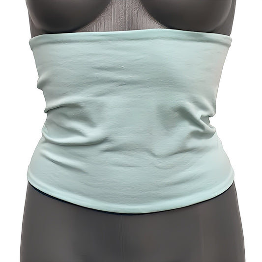 Fly and Fit reversible mint and deep petrol blue cotton jersey haramaki core warmer worn on a mannequin torso