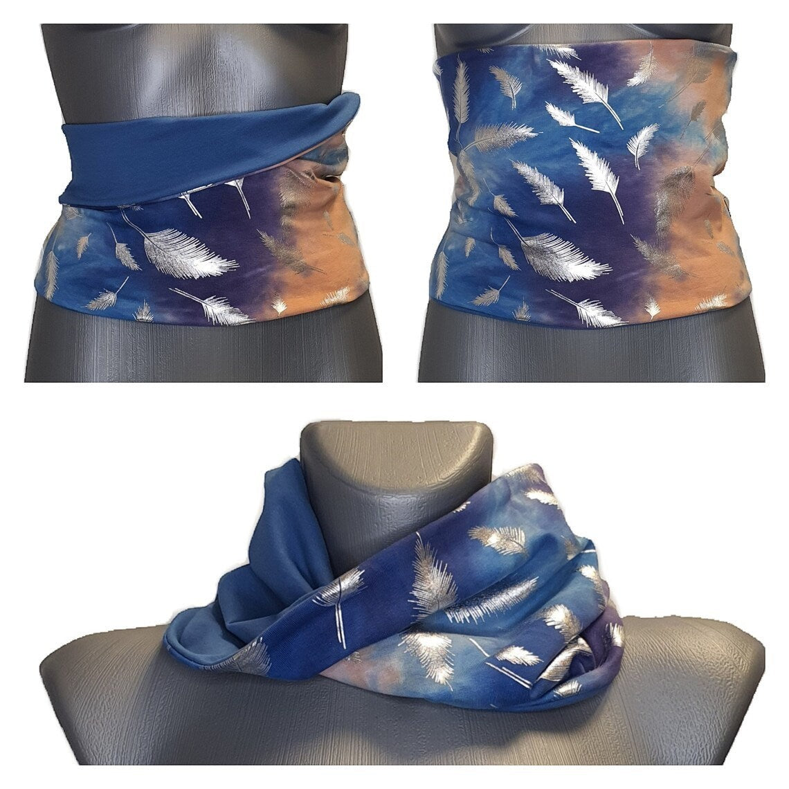 Fly and Fit reversible cotton jersey back warmer featuring blue tie-dye with silver feathers and solid blue sides.