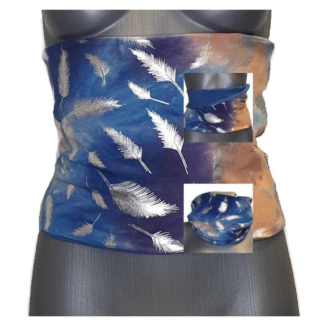 Fly and Fit reversible cotton jersey back warmer featuring blue tie-dye with silver feathers and solid blue reverse.
