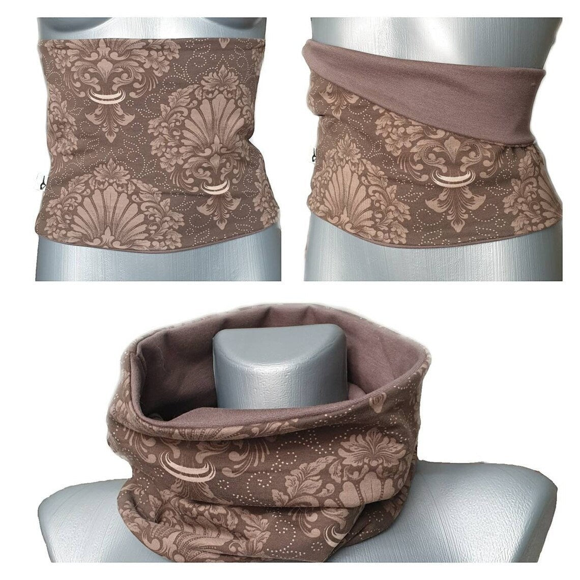 Fly and Fit reversible mocha brown cotton jersey haramaki back warmer with elegant ornament print on a mannequin