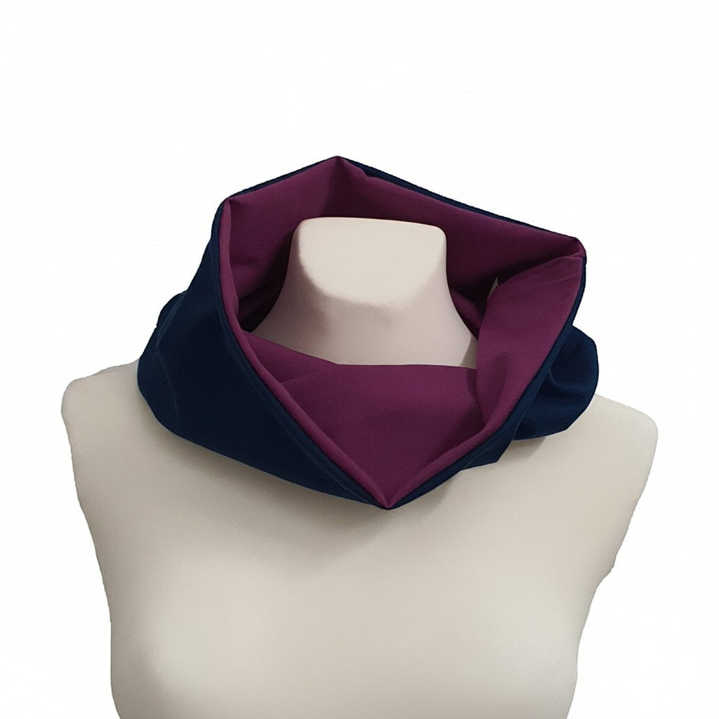 Fly and Fit reversible petrol and lilac haramaki core warmer on a mannequin, showing soft cotton blend fabric.