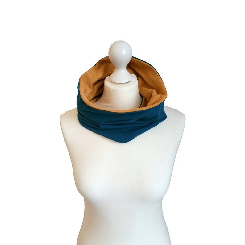 Fly and Fit reversible core warmer in petrol and mustard cotton, displayed on a mannequin for yoga and aerial training.