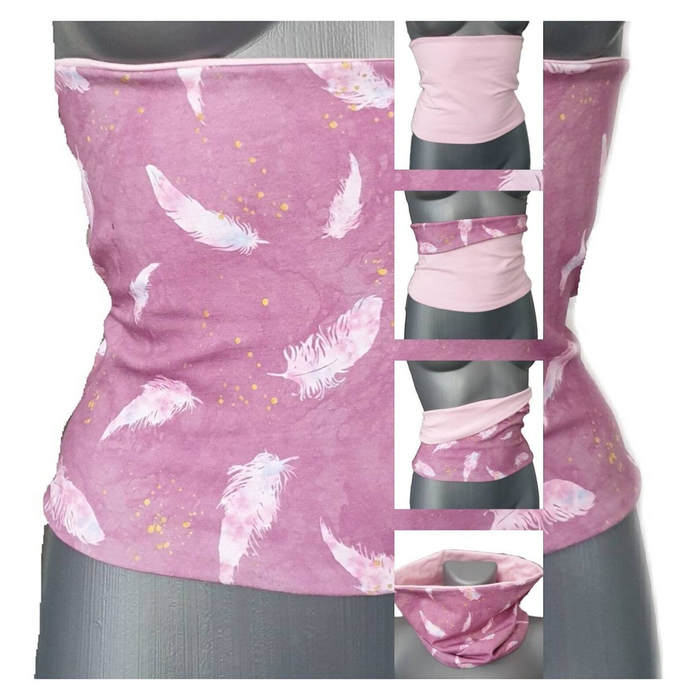 Fly and Fit reversible cotton jersey back warmer in pink with feather print and solid baby pink side