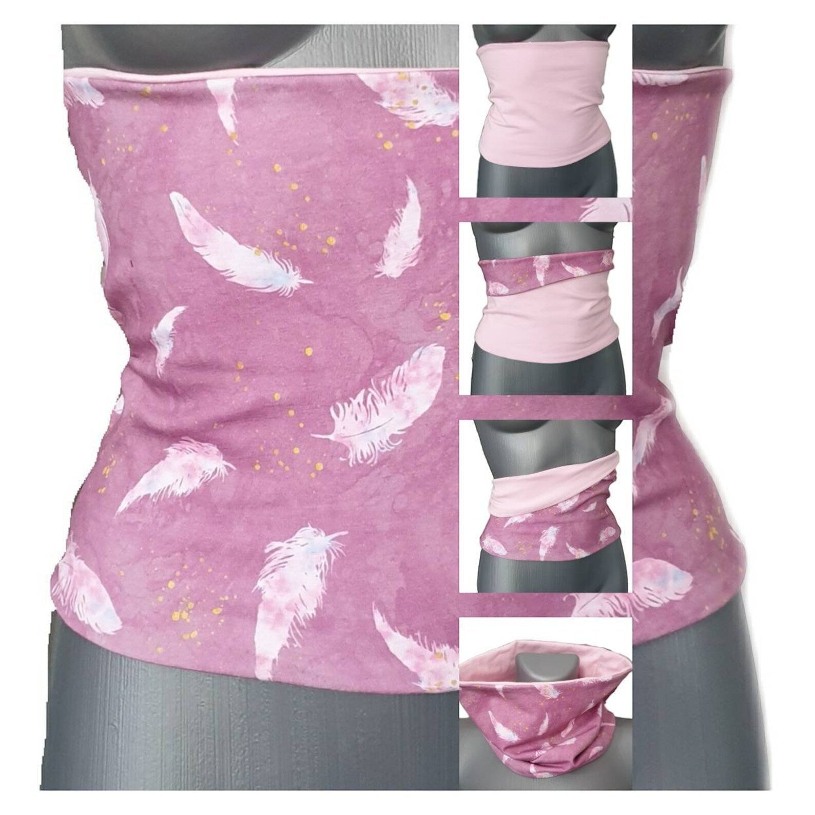 Fly and Fit reversible cotton jersey back warmer in pink with feather print and solid baby pink side