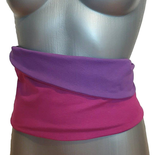 Fly and Fit reversible violet and purple cotton jersey core warmer worn on a mannequin for back support.