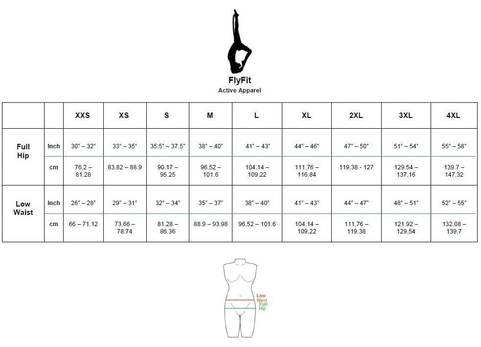 Fly and Fit size chart for Free-Flow contrast shorts showing hip and waist measurements in inches and centimeters.