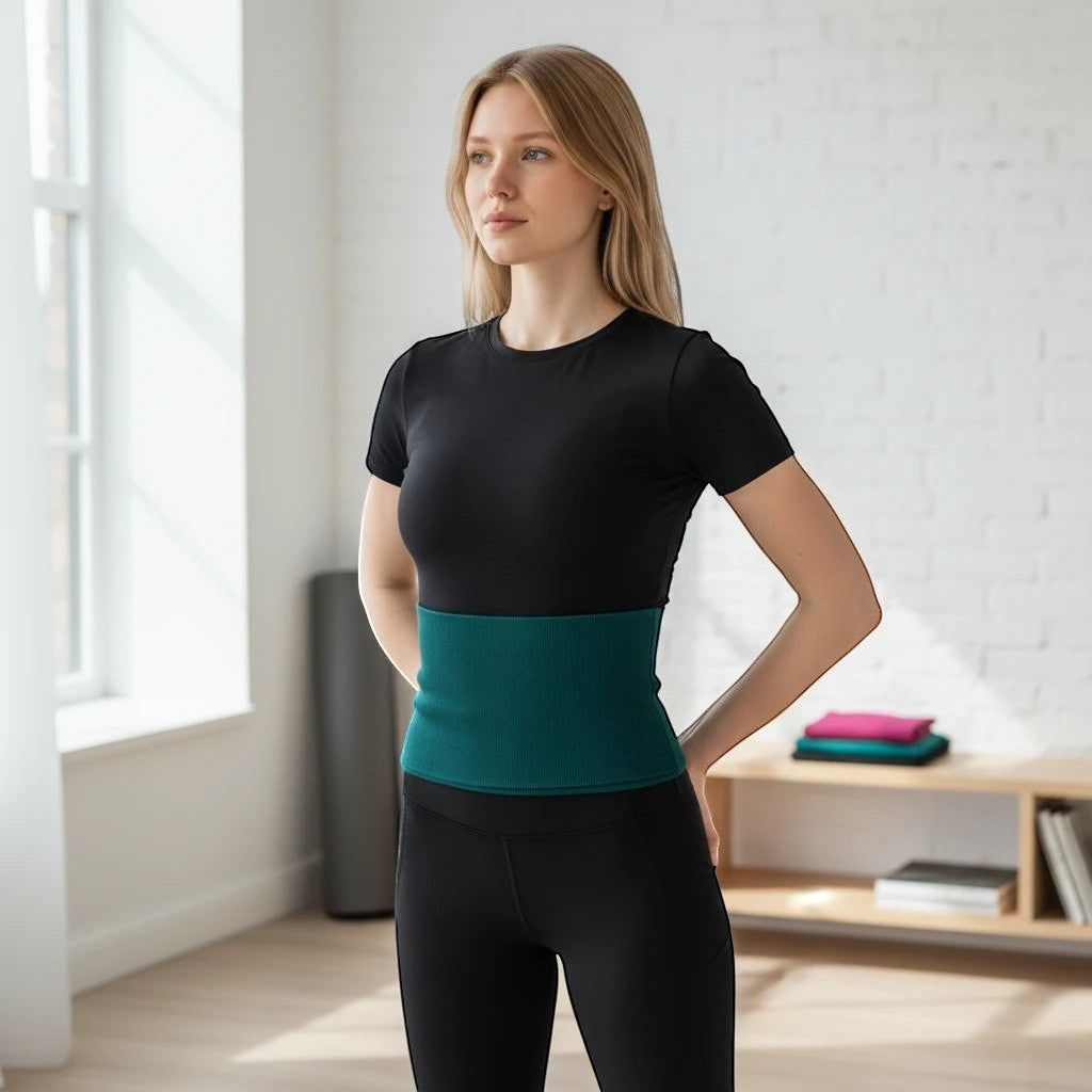 Fly and Fit bespoke double-layered cotton core warmer in teal worn by a woman in a studio setting.