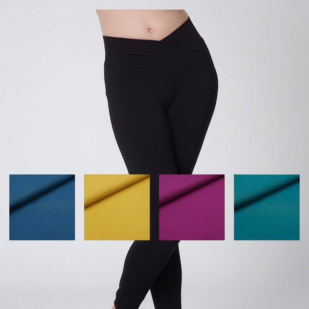 Fly and Fit black cotton leggings with a flattering V-shape waistline, shown with available fabric color swatches.