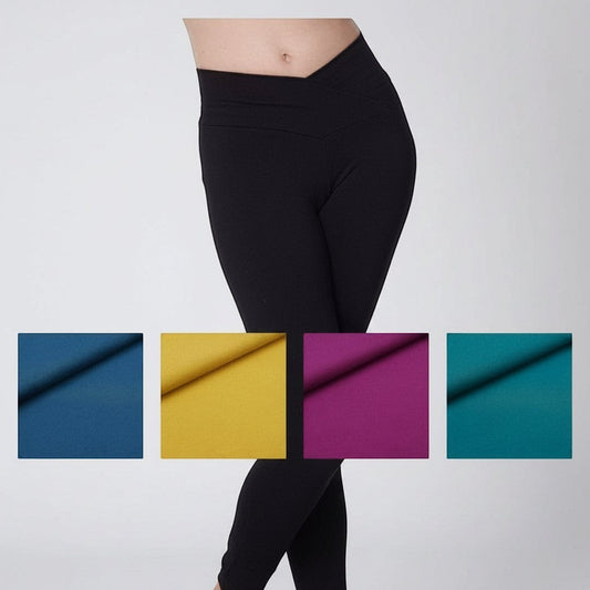 Fly and Fit black cotton leggings with a flattering V-shape waistline, shown with available fabric color swatches.