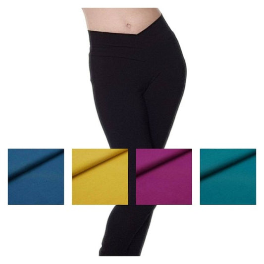 Fly and Fit black cotton leggings with a flattering V-shape waistband, shown with available fabric color swatches.